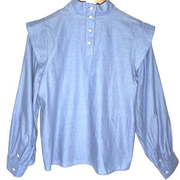 NWT EVERLANE Women’s Blue Wing Shoulder Bishop Sleeve Stand Collar Top - Picture 6 of 6